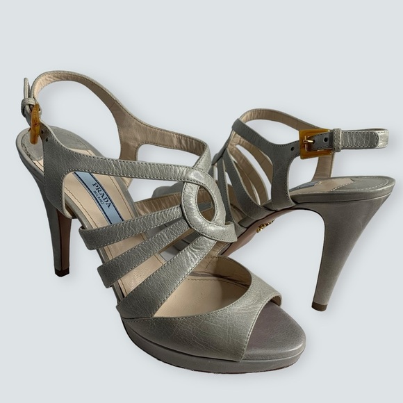 PRADA Heels Size 38 Calzatore Donna Grey Leather Slingback Sandals - Picture 2 of 16